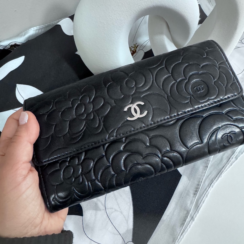 Chanel Black Camellia Embossed Leather Wallet Clutch with unbranded insert/chain